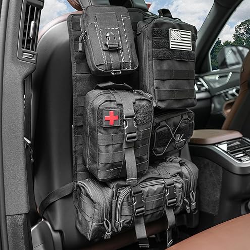 Car seat organizer with MOLLE system for EDC tools and emergency supplies