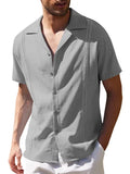 Men's Casual Cotton Solid Color Camp Collar Plain Short Sleeve Shirt