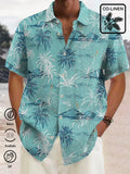 Linen Hawaiian Coconut Tree Blue Print Chest Bag Shirt Plus Size Holiday Shirt