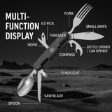 Multifunctional Stainless Steel Outdoor Utensil Set – Knife, Fork, Flashlight & Compass