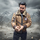 Men's Autumn & Winter Leather Jacket with Large Fur Collar – Slim Fit, Badge Detail, Zipper Pockets