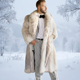 Men’s Long Faux Fur Coat – Lynx Leopard Print Double-Breasted Winter Overcoat