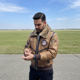 Men's Autumn & Winter Leather Jacket with Large Fur Collar – Slim Fit, Badge Detail, Zipper Pockets