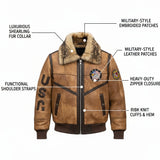 Men's Autumn & Winter Leather Jacket with Large Fur Collar – Slim Fit, Badge Detail, Zipper Pockets