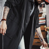 Workwear American Black Balmakken Windbreaker – Japanese Retro Mid-Length Nylon Coat for Men