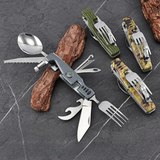 Multifunctional Stainless Steel Outdoor Utensil Set – Knife, Fork, Flashlight & Compass