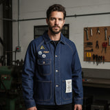 American Retro Embroidered Badge Denim Jacket for Men – Heavy Washed Casual Lapel Workwear Jacket