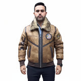 Men's Autumn & Winter Leather Jacket with Large Fur Collar – Slim Fit, Badge Detail, Zipper Pockets
