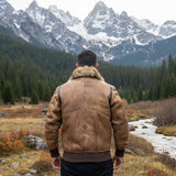 Men's Autumn & Winter Leather Jacket with Large Fur Collar – Slim Fit, Badge Detail, Zipper Pockets