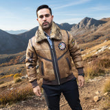 Men's Autumn & Winter Leather Jacket with Large Fur Collar – Slim Fit, Badge Detail, Zipper Pockets