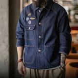 American Retro Embroidered Badge Denim Jacket for Men – Heavy Washed Casual Lapel Workwear Jacket