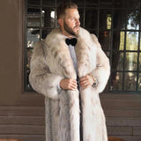 Men’s Long Faux Fur Coat – Lynx Leopard Print Double-Breasted Winter Overcoat
