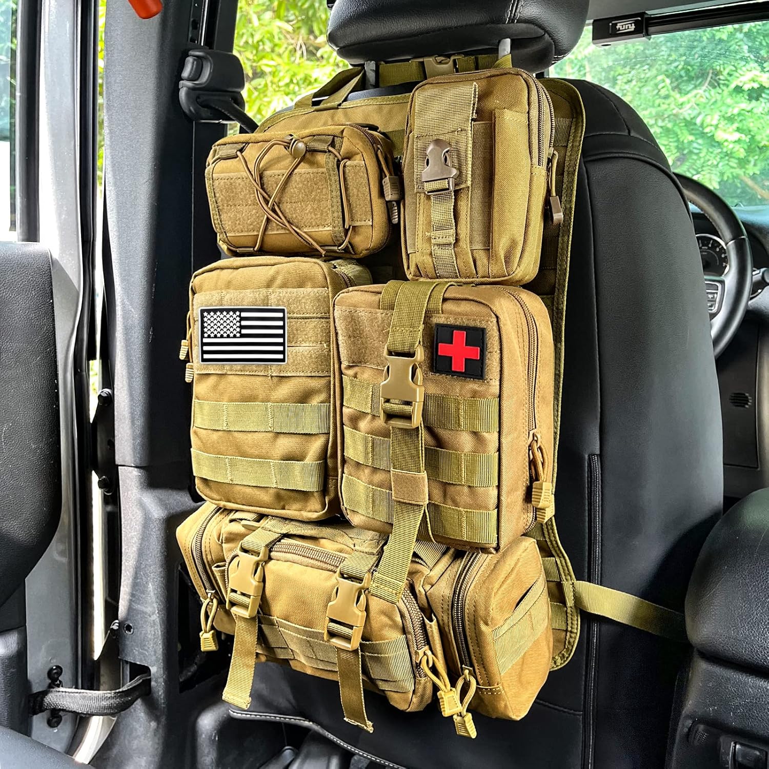 Overlanding gear storage using tactical car seat organizer in pickup truck