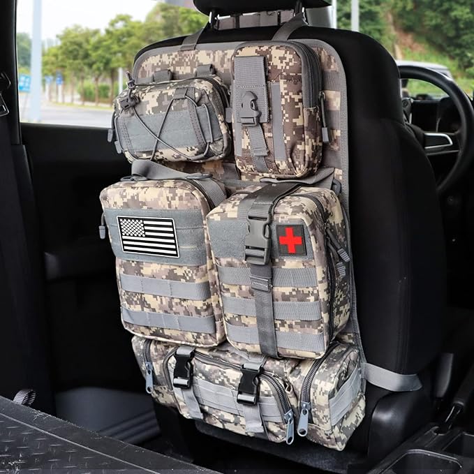 Tactical nylon seat organizer with pouches for snacks, gadgets, and tools