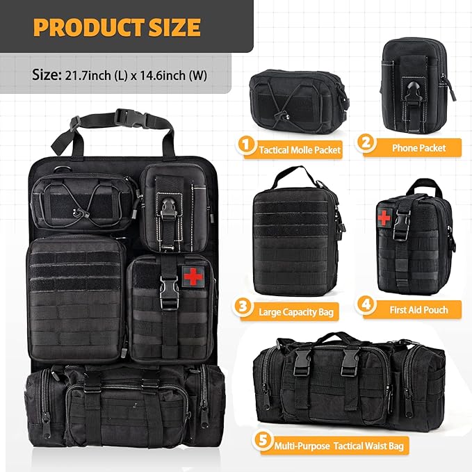 Water-resistant nylon tactical seat organizer for tools and first aid kits