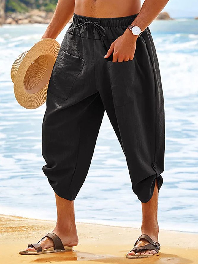 Linen Pants Men's Capri Pants Basic Casual Summer Board Shorts Pocket