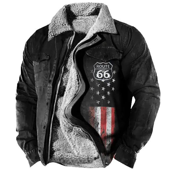 American Flag Route 66 Print Men's Retro Lining Plus Fleece Zipper Tactical Shirt Jacket