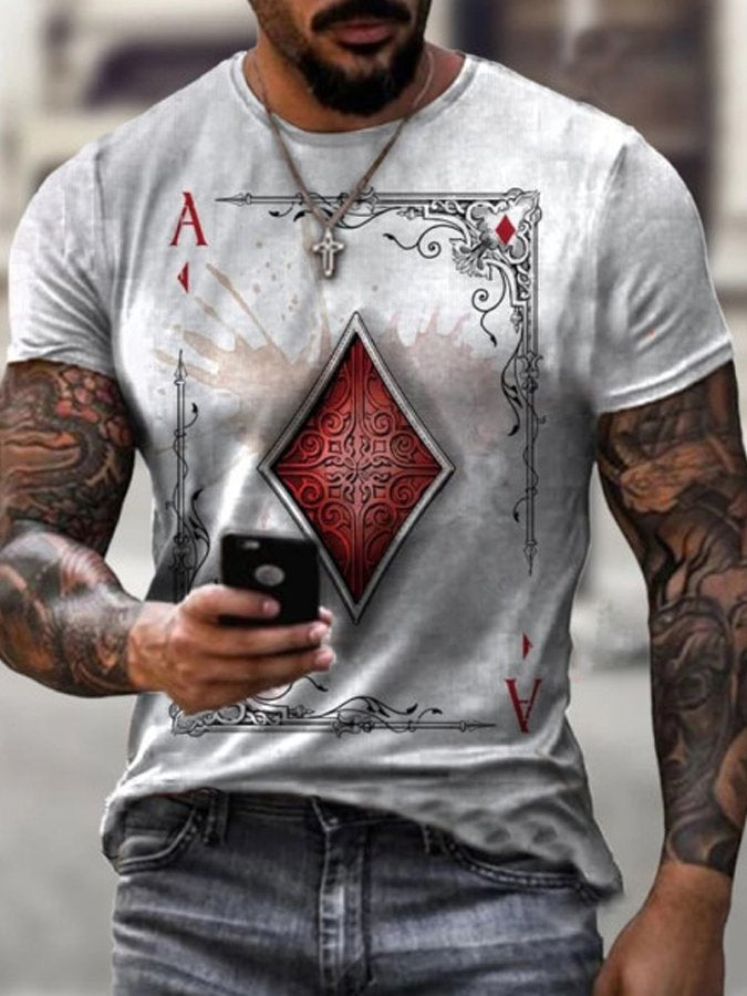 Mens O-Neck Poker Print Short-Sleeved T-Shirt