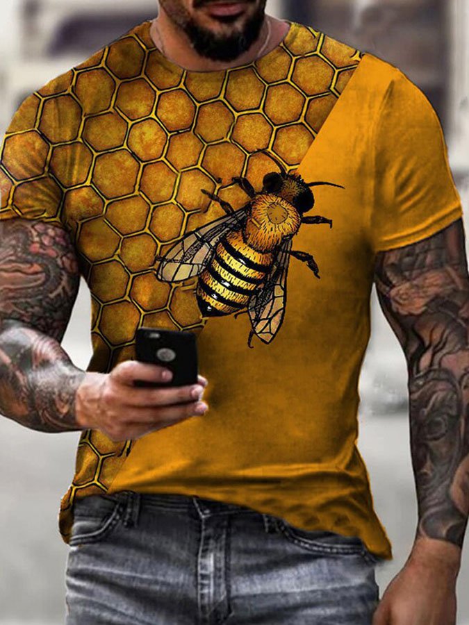 Men's color-blocking bee hive theme printed T-shirt