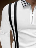 Men's Long Sleeve Lapel Striped Plaid Slim Polo Shirt