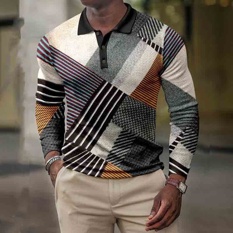 Men's Casual Polo Geometric Collar Long-sleeved Polo Shirt