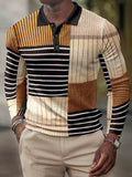Men's Casual Retro Hit Color Geometric Long-sleeved Polo Shirt