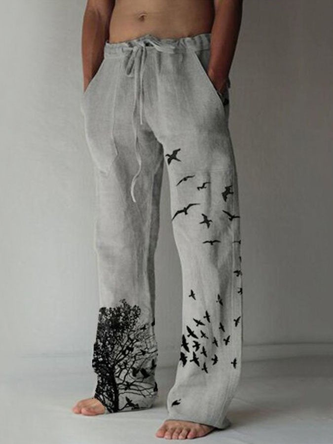 Men's Casual Cotton Linen Bird Print Drawstring Casual Trousers