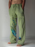 Men's Casual Cotton Linen Feather Print Drawstring Casual Trousers