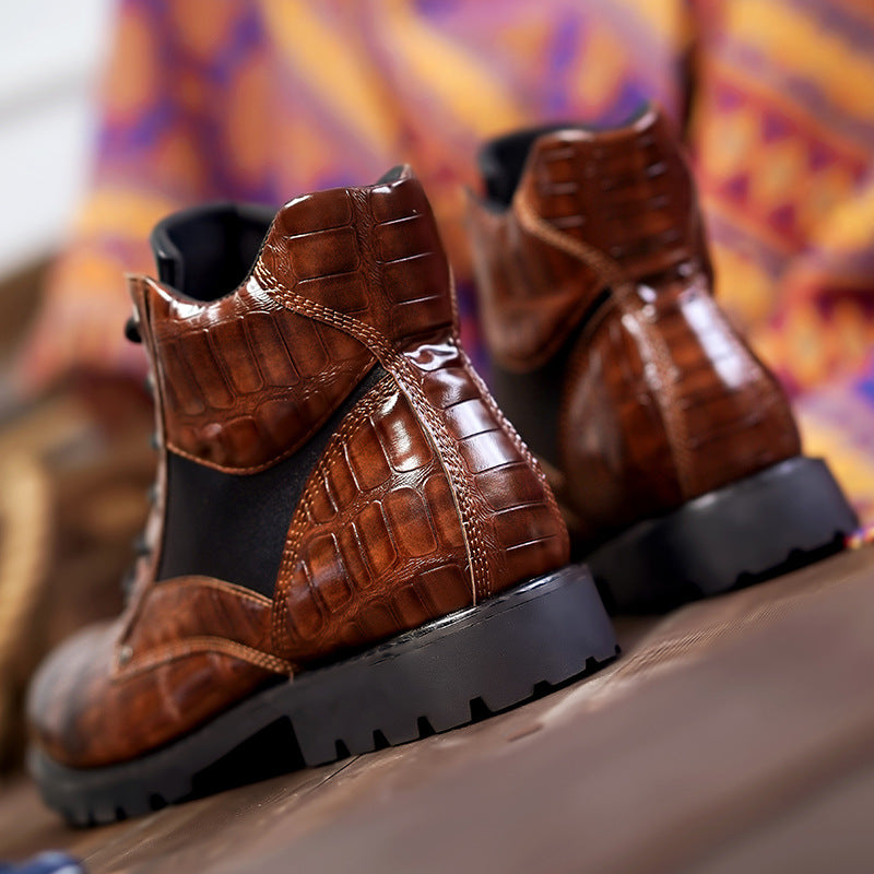 Men's Vintage Faux Crocodile Leather Mid-Top Martin Boots