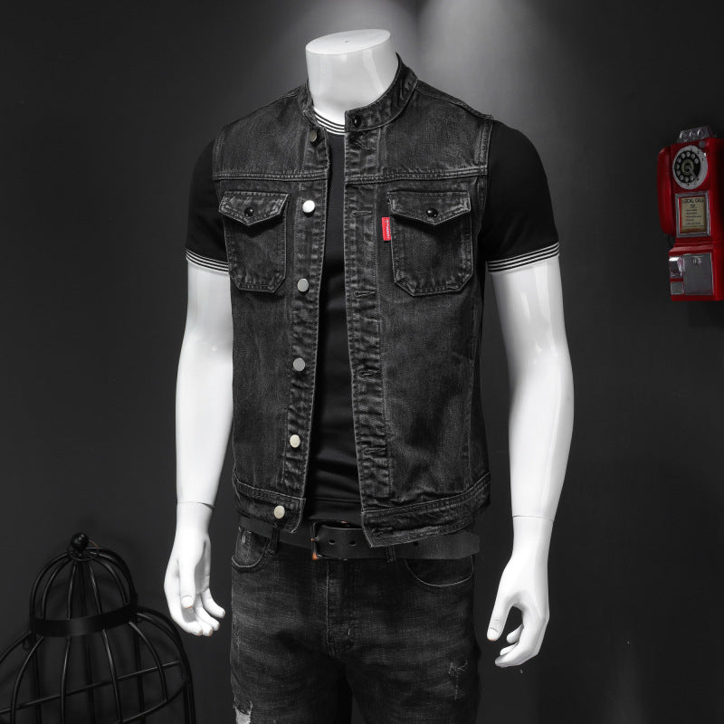 Men's Black Denim Vest with Two Chest Pockets