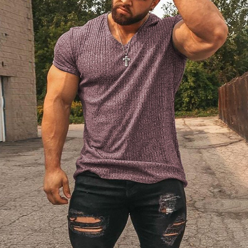 Men's Solid Color V-neck Sports Fitness Short-sleeved T-shirt