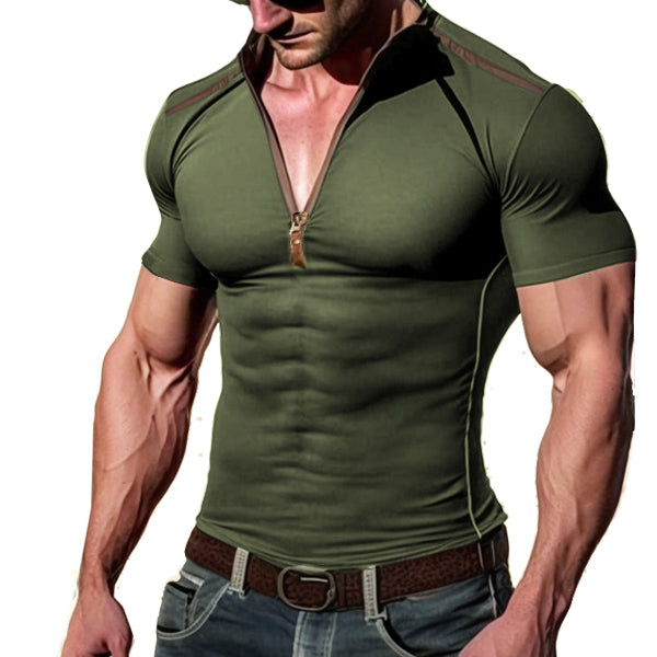 Men's Outdoor Zipper Stand Collar Short Sleeve Tactical T-Shirt