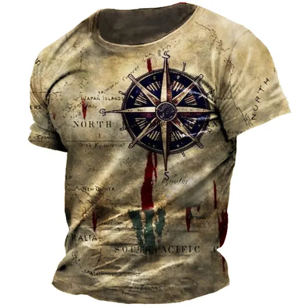 Plus Size Men's Vintage Nautical Map Compass Zip Polo T-Shirt