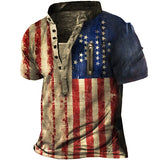 American Flag Print Men's Outdoor Zip Retro Tactical Henley Short Sleeve T-Shirt