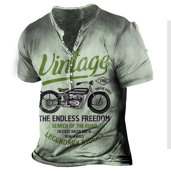 Vintage Motorcycle Racing Men's Print Henley Short Sleeve T-Shirt