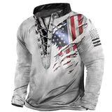 Men's Vintage American Flag Print Lace-Up Henley Long Sleeve T-Shirt
