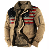 Men's Vintage American Flag Print Lining Plus Fleece Coat Outdoor Tactical Jacket