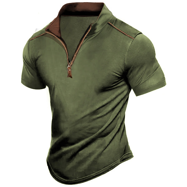 Men's Outdoor Zipper Stand Collar Short Sleeve Tactical T-Shirt