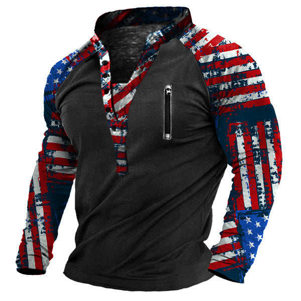 Men's Outdoor American Flag Print Henley Collar Long Sleeve T-Shirt