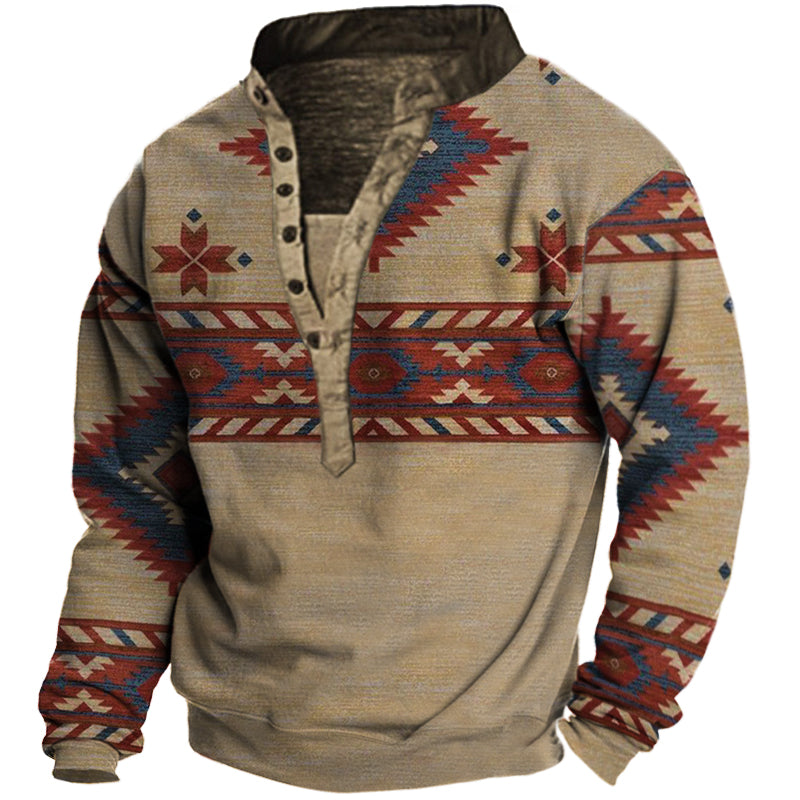Men's Ethnic Print Henley Collar Sweatshirt