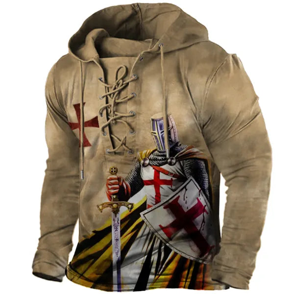 Men's Vintage Templar Cross Tie Hooded Long Sleeve T-Shirt