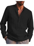 Men's Breathable Cotton Linen Henley Collar Pocket Long Sleeve