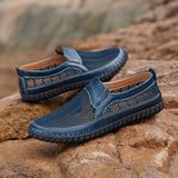 Men's Casual Leather Hollow-Out Loafers with Flat Heel Breathable Non-Slip Shoes