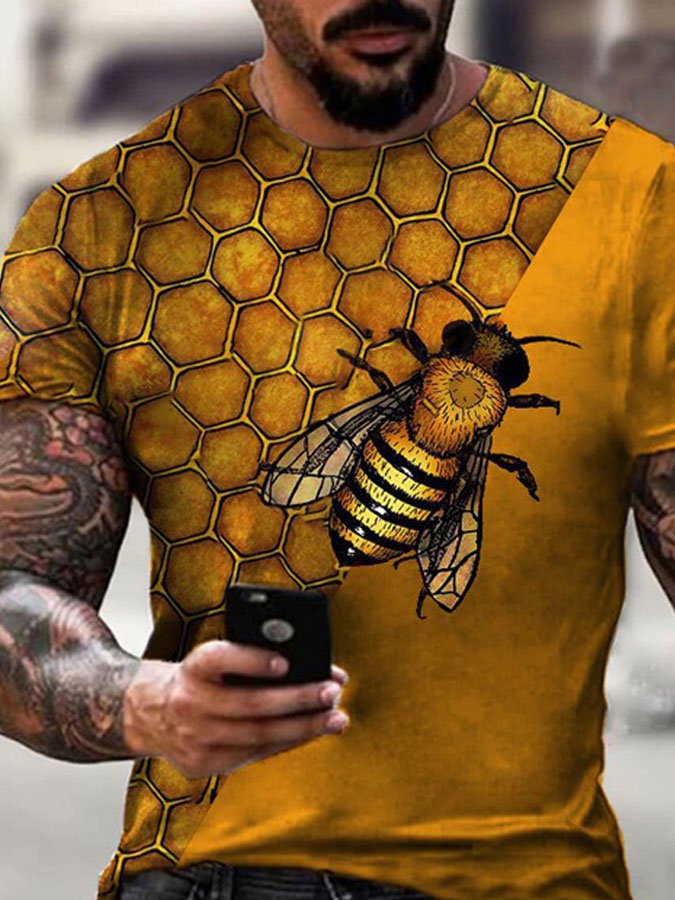 Men's color-blocking bee hive theme printed T-shirt