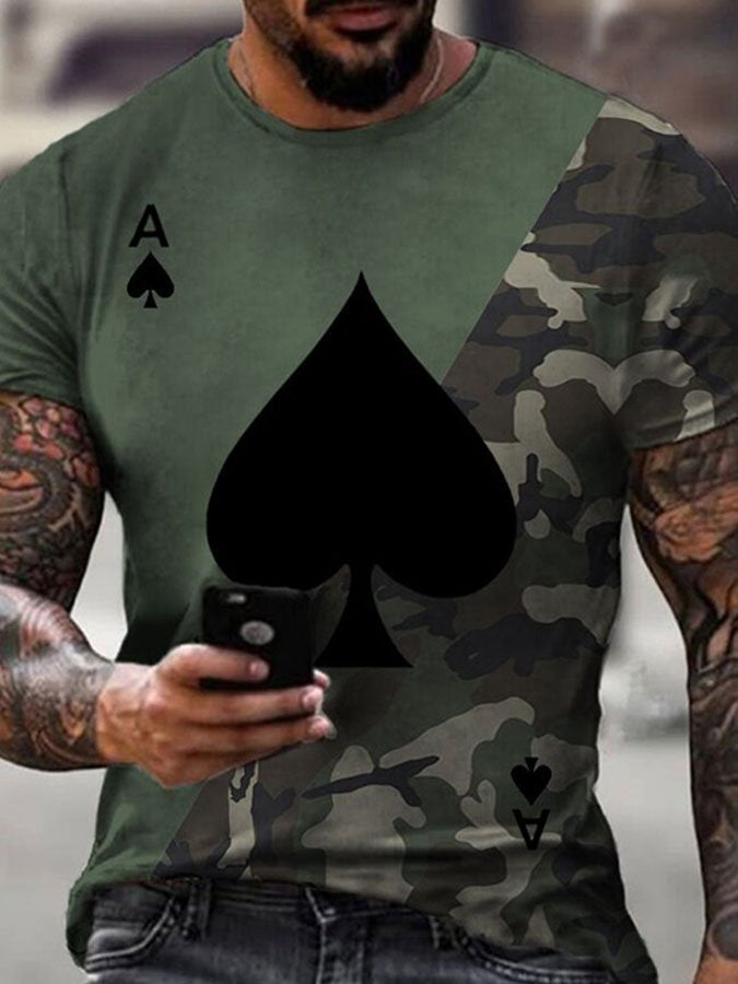 Men's camouflage contrast spades casual T-shirt