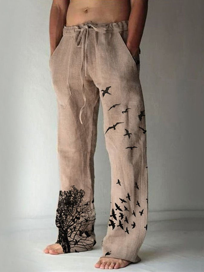 Men's Casual Cotton Linen Bird Print Drawstring Casual Trousers
