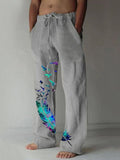 Men's Casual Cotton Linen Feather Print Drawstring Casual Trousers