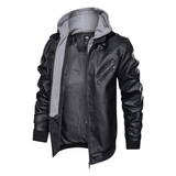 Distressed Leather Jacket Hooded Motorcycle Coat - Black