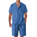 Men's Casual Linen Henley Shirt Stand Collar Short Sleeve Board Shorts Set