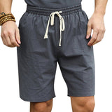 Mens Summer Linen Drawstring Solid Color Knee Length Casual Shorts